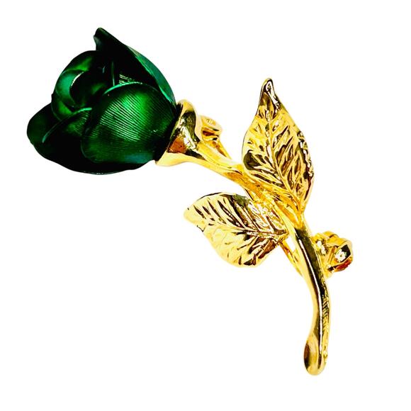Vintage Green Rose Gold Tone Brooch Pin - Picture 1 of 5